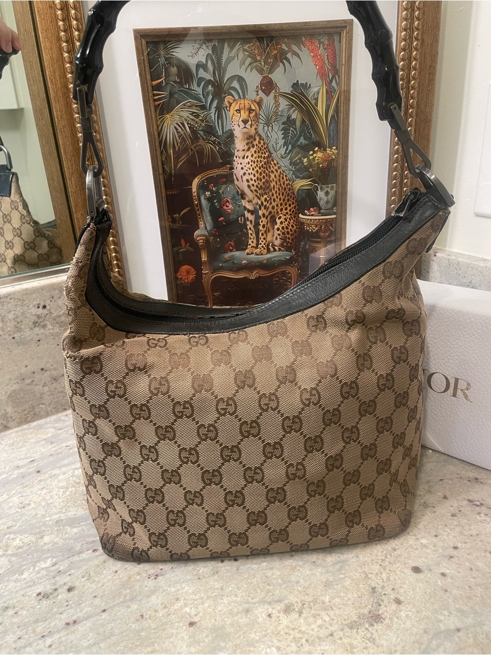 Gucci Brown Beige GG Monogram Shoulder Bag with leather Trim
